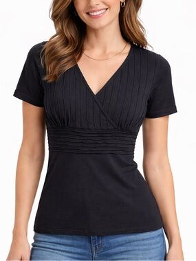 Black V-Neck Pleated Women's Top
